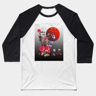 red watercolor sumiE flowers with a blood moon Baseball T-Shirt